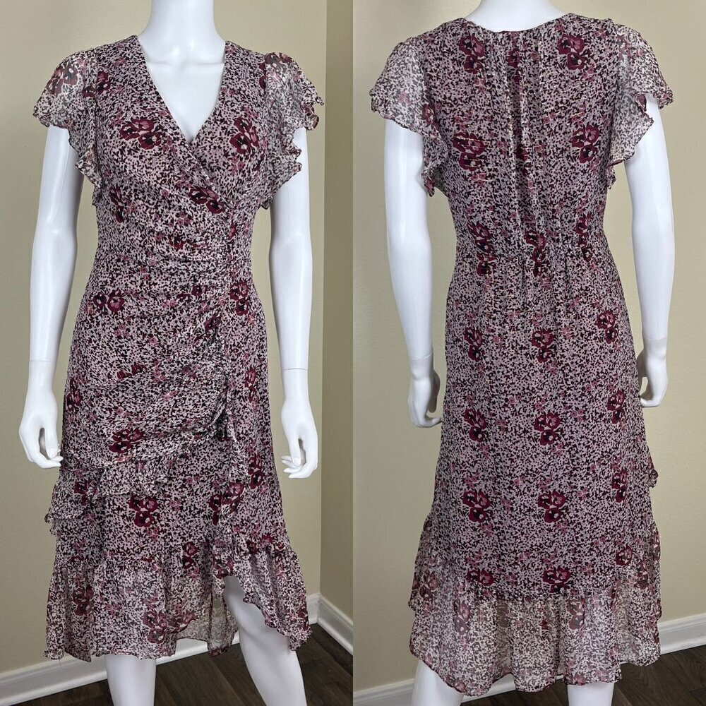 Shoshanna Women's Size 6 Elnora Silk Ruffle Floral Metallic Midi Dress Party